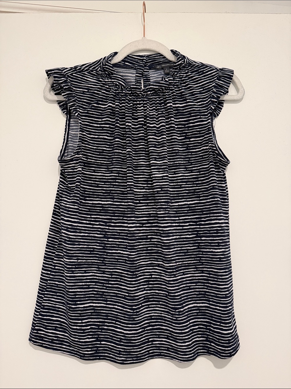 Adrianna Papell Navy and White Striped Ruffle-Sleeve Top